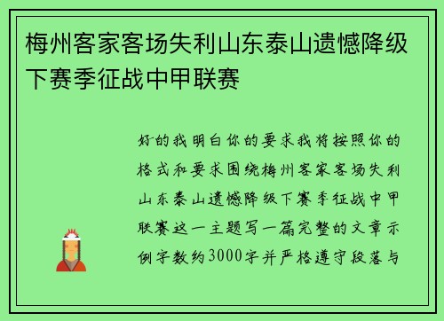 梅州客家客场失利山东泰山遗憾降级下赛季征战中甲联赛